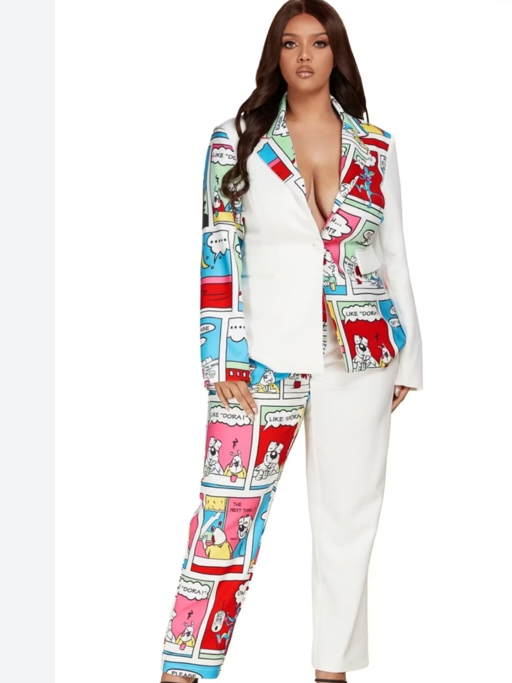 L'ATISTE White Comic-Panel Dress with Bright Multicolor Accents